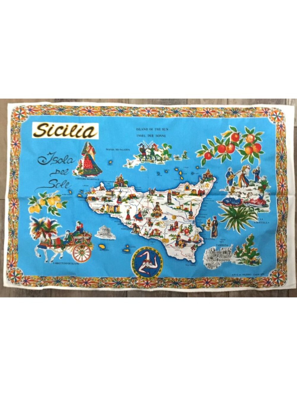 Vintage Sicilia Isola Del Sole Map Tea Towel Cotton Blue Italy Souvenir